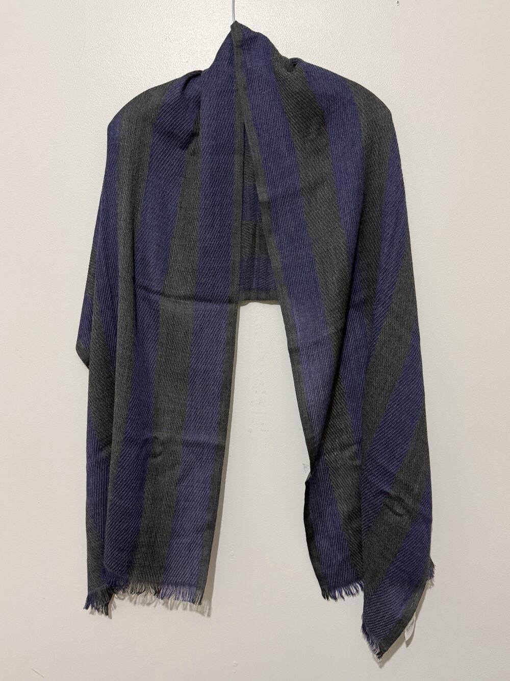 100% Merino Wool Blue Gray Striped Scarf Lightweight Minimalist Luxury 21"X72"
